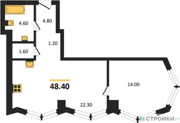 Планировка однокомнатной(квартира) площадью 48.4 квадратных метров в ЖК “Акценты”
