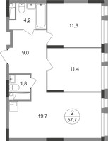 Планировка двухкомнатной(квартира) площадью 57.7 квадратных метров в “ЖК Первый Московский”