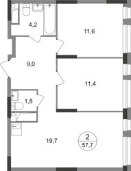 Планировка двухкомнатной(квартира) площадью 57.7 квадратных метров в ЖК “ЖК Первый Московский”
