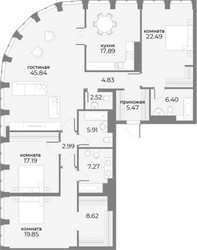 Планировка 4+ комнатной(апартаменты) площадью 173.2 квадратных метров в ЖК “ЖК Sky View (Скай Вью)”
