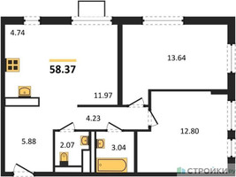 Планировка двухкомнатной(квартира) площадью 58.37 квадратных метров в “ЖК Прибрежный Парк”