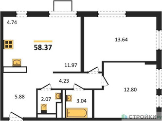 Планировка двухкомнатной(квартира) площадью 58.37 квадратных метров в ЖК “ЖК Прибрежный Парк”