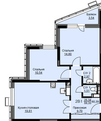 Планировка двухкомнатной(квартира) площадью 61 квадратных метров в ЖК “ЖК Соболевка”
