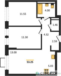 Планировка двухкомнатной(квартира) площадью 53.25 квадратных метров в “ЖК Богдановский Лес”