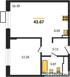 Планировка однокомнатной(квартира) площадью 43.67 квадратных метров в ЖК “ЖК Пригород Лесное”