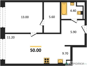 Планировка однокомнатной(квартира) площадью 50 квадратных метров в ЖК “ЖК СТОУН Сокольники”