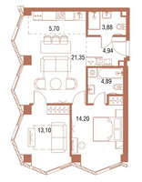 Планировка двухкомнатной(квартира) площадью 68.6 квадратных метров в “ЖК Симфония 34”