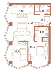 Планировка двухкомнатной(квартира) площадью 68.6 квадратных метров в ЖК “ЖК Симфония 34”