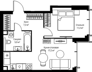 Планировка однокомнатной(квартира) площадью 40.9 квадратных метров в ЖК “ЖК Веер”