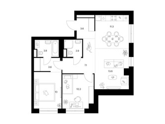 Планировка двухкомнатной(квартира) площадью 66.2 квадратных метров в ЖК “Нарвин”
