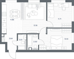 Планировка двухкомнатной(квартира) площадью 60.2 квадратных метров в “ЖК TATE (Тэйт)”