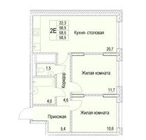 Планировка двухкомнатной(квартира) площадью 58.5 квадратных метров в “ЖК Отрадный”