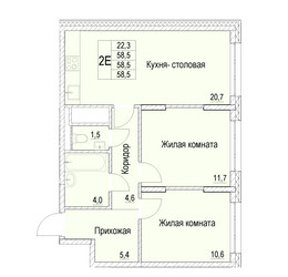 Планировка двухкомнатной(квартира) площадью 58.5 квадратных метров в ЖК “ЖК Отрадный”