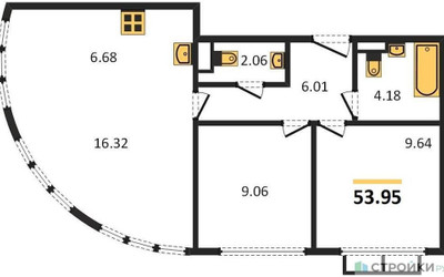Планировка двухкомнатной(квартира) площадью 53.95 квадратных метров в ЖК “ЖК Движение. Говорово”