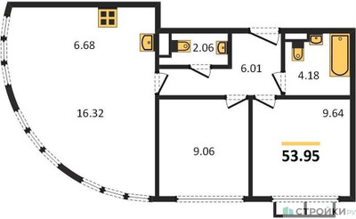 Планировка двухкомнатной(квартира) площадью 53.95 квадратных метров в “ЖК Движение. Говорово”