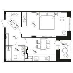 Планировка однокомнатной(квартира) площадью 43.59 квадратных метров в ЖК “ЖК Времена года”