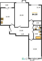 Планировка трехкомнатной(квартира) площадью 84.2 квадратных метров в “ЖК Первый Лермонтовский”
