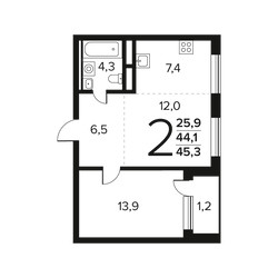 Планировка двухкомнатной(квартира) площадью 45.3 квадратных метров в ЖК “Новые Ватутинки. Заречный”