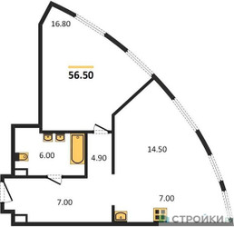 Планировка однокомнатной(квартира) площадью 56.5 квадратных метров в ЖК “ЖК Sydney City (Сидней Сити)”