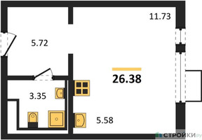 Планировка студии(квартира) площадью 26.38 квадратных метров в “ЖК Горки Парк”