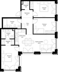 Планировка трехкомнатной(квартира) площадью 93.97 квадратных метров в ЖК “ЖК Сити Бэй”