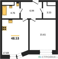 Планировка однокомнатной(квартира) площадью 48.53 квадратных метров в ЖК “ЖК Sezar City (Сезар Сити)”
