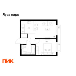 Планировка однокомнатной(квартира) площадью 36.1 квадратных метров в ЖК “ЖК Яуза Парк (Мытищи)”