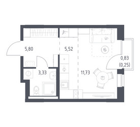 Планировка студии(квартира) площадью 26.63 квадратных метров в ЖК “ЖК Новое Видное”