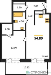 Планировка однокомнатной(квартира) площадью 54.8 квадратных метров в ЖК “ЖК Квартал Метроном”