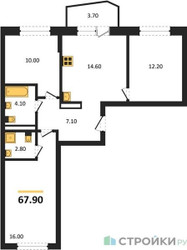 Планировка трехкомнатной(квартира) площадью 67.9 квадратных метров в ЖК “ЖК "Коллекция"”