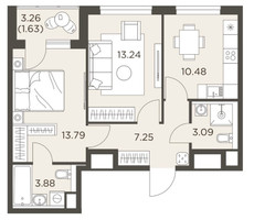 Планировка двухкомнатной(квартира) площадью 53.36 квадратных метров в “ЖК Одинград”