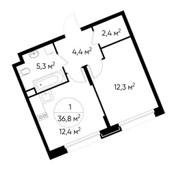 Планировка однокомнатной(квартира) площадью 36.8 квадратных метров в ЖК “ЖК Переделкино Ближнее”