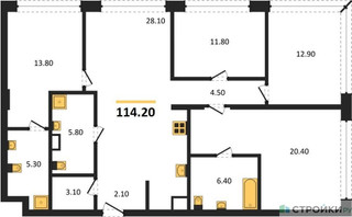 Планировка трехкомнатной(квартира) площадью 114.2 квадратных метров в “ЖК Остров”