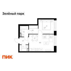 Планировка однокомнатной(квартира) площадью 37.4 квадратных метров в ЖК “ЖК Зеленый парк”