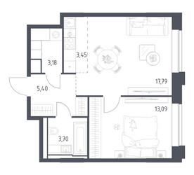 Планировка однокомнатной(квартира) площадью 46.61 квадратных метров в ЖК “ЖК Верейская 41”