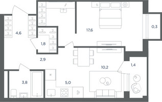 Планировка однокомнатной(квартира) площадью 45.9 квадратных метров в “ЖК Равновесие”