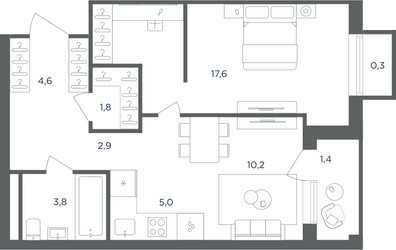 Планировка однокомнатной(квартира) площадью 45.9 квадратных метров в ЖК “ЖК Равновесие”