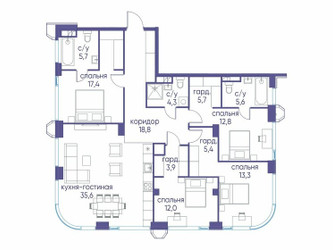 Планировка 4+ комнатной(квартира) площадью 140.22 квадратных метров в ЖК “ЖК Остров”