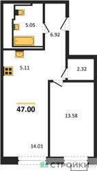 Планировка однокомнатной(квартира) площадью 47 квадратных метров в ЖК “ЖК Квартал Герцена”