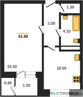 Планировка однокомнатной(квартира) площадью 41.9 квадратных метров в “ЖК Три квартала”