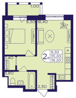 Планировка двухкомнатной(квартира) площадью 36.2 квадратных метров в “ЖК Героев”