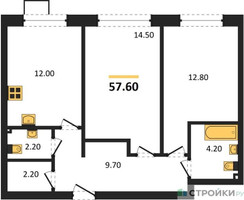 Планировка двухкомнатной(квартира) площадью 57.6 квадратных метров в “ЖК Skolkovo ONE (Сколково Уан)”