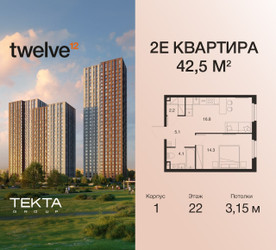 Планировка двухкомнатной(квартира) площадью 42.5 квадратных метров в ЖК “ЖК Твелв”