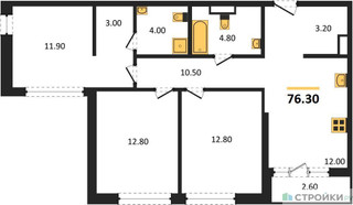 Планировка трехкомнатной(квартира) площадью 76.3 квадратных метров в “ЖК Дом на Зорге”