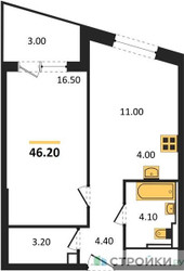 Планировка однокомнатной(квартира) площадью 46.22 квадратных метров в ЖК “ЖК Sky Sputnik (Скай Спутник)”