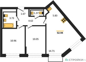 Планировка двухкомнатной(квартира) площадью 52.94 квадратных метров в “ЖК Рублевский Квартал”