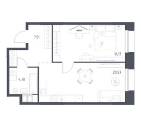 Планировка однокомнатной(апартаменты) площадью 48.99 квадратных метров в ЖК “ЖК Апарт-отель Тропарево парк”