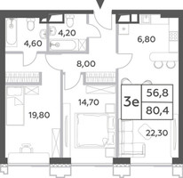 Планировка трехкомнатной(квартира) площадью 80.4 квадратных метров в “ЖК Will Towers (Вилл Тауэрс)”
