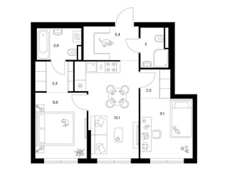 Планировка двухкомнатной(квартира) площадью 52.2 квадратных метров в ЖК “ЖК Ильинские луга”