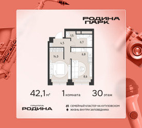 Планировка однокомнатной(квартира) площадью 42.1 квадратных метров в ЖК “ЖК Родина Парк”